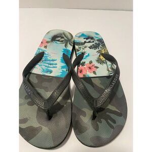 Billabong Mens Flip Flops Camo Tropical Floral Print Black Green Sandals APX:12*